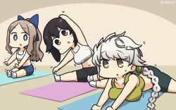 3girls alternate_costume asakaze_(kancolle) bare_shoulders blue_eyes braid breast_press breasts brown_eyes brown_hair commentary_request contemporary dated hair_ornament hair_ribbon hamu_koutarou hayasui_(kancolle) highres kantai_collection large_breasts leaning_forward leaning_to_the_side light_brown_hair long_braid long_hair looking_at_another looking_away medium_breasts midriff motion_lines multiple_girls navel outstretched_arms outstretched_legs pants parted_bangs ponytail ribbon sidelocks signature single_braid sitting spread_legs stomach stretching tank_top trembling unryuu_(kancolle) very_long_hair wavy_hair x_navel yoga_mat yoga_pants