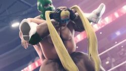 1boy 1girl 3d animated blonde_hair blue_mask breasts domino_mask full_nelson green_mask hetero highres interior large_breasts looping_animation mask nipples nude rainbow_mika rouge_nine sex street_fighter tagme twintails vaginal video wrestling_ring