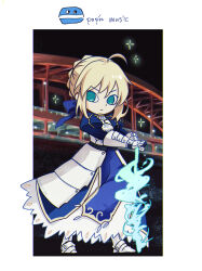 Rule 34 | 1girl, armor, armored boots, armored dress, artoria pendragon (fate), bemani, blue dress, blue ribbon, boots, border, braid, braided bun, closed mouth, commentary, deformed, dress, excalibur (fate/stay night), fate (series), fuyuki bridge, gauntlets, green eyes, hair bun, hair ribbon, hand on hilt, highres, invisible air (fate), juliet sleeves, long sleeves, looking at viewer, looking to the side, medium hair, night, nigiri, outdoors, outside border, parody, planted, planted sword, planted weapon, pop&#039;n music, pop&#039;n music (style), puffy sleeves, ribbon, saber (fate), sidelocks, simple background, single hair bun, solo, standing, style parody, sword, symbol-only commentary, weapon, white background, white border
