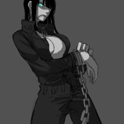 02mikan 1girl black_hair blue_eyes blunt_bangs breasts chain cleavage commentary_request cowboy_shot cuffs grey_background greyscale handcuffs highres jumpsuit key large_breasts legs_apart looking_at_viewer medium_hair monochrome mouth_hold nico_robin nico_robin_(tequila_wolf) no_bra official_alternate_costume one_piece partially_unzipped plunging_neckline sidelocks simple_background solo spot_color standing