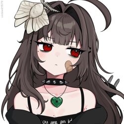 1girl ahoge animal animal_on_head artist_name averting_eyes bags_under_eyes bandaid bandaid_on_cheek bandaid_on_face bare_shoulders black_shirt brown_hair bug cable cable_tail choker circuit_board closed_mouth electric_plug electric_plug_tail hair_intakes hashtag-only_commentary heart heart_necklace highres insect jewelry long_hair mechanical_tail mole mole_under_eye moth necklace off_shoulder on_head original portrait red_eyes shirt sideways_glance simple_background solo spaghetti_strap spiked_choker spikes tail vickie_(cryingrobot) vickie_(cryingrobot)_(character) white_background