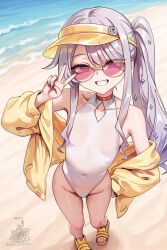 1girl :d absurdres alternate_hairstyle aviator_sunglasses bare_legs bare_shoulders beach blue_archive commentary cosplay covered_navel day diamond_cutout english_commentary feet fingernails flat_chest grin hair_between_eyes hair_flaps half-closed_eyes hand_on_own_hip hand_up highleg highleg_one-piece_swimsuit highres hololive hololive_english jacket koseki_bijou loli long_hair long_sleeves looking_at_viewer nail_polish off_shoulder one-piece_swimsuit open_mouth outdoors purple_eyes purple_hair sand sandals seia_(blue_archive) seia_(blue_archive)_(cosplay) seia_(swimsuit)_(blue_archive) side_ponytail sidelocks sleeves_past_wrists slippers smile solo standing sunglasses swimsuit teeth thighs toes unstableboiler v v_over_eye very_long_hair virtual_youtuber visor_cap white_one-piece_swimsuit yellow_jacket yellow_sandals yellow_visor