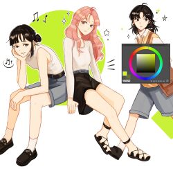 2girls art_program_in_frame bag bare_arms bare_shoulders beamed_eighth_notes beamed_sixteenth_notes black_eyes black_hair black_shoes black_skirt brown_bag brown_eyes clip_studio_paint closed_mouth color_wheel commentary denim denim_shorts ear_piercing earrings eighth_note elbow_rest english_commentary full_body grey_shorts hair_bun head_rest highres hoop_earrings jewelry kininatteru_hito_ga_otoko_ja_nakatta koga_mitsuki leaning_forward loafers long_hair long_sleeves looking_at_viewer medium_hair multiple_girls multiple_views musical_note oosawa_aya parted_lips piercing pink_hair qitsunne quarter_note shirt shirt_tucked_in shoes short_hair shorts shoulder_bag single_hair_bun sitting skirt smile socks sparkle star_(symbol) sweater_vest tank_top white_background white_shirt white_socks white_tank_top yellow_sweater_vest