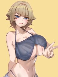 1girl blue_eyes bow_(bhp) breasts brown_hair collarbone commentary_request copyright_request highres large_breasts looking_at_viewer navel open_mouth short_hair simple_background smile solo v yellow_background