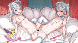 2girls anal_beads armpits ata_(tsumari) bar_censor bed blue_eyes blush bra breasts canopy_bed censored clothing_aside dildo double_dildo from_side full_body gloves grey_hair hair_ribbon heart heart-shaped_pillow highres hitachi_magic_wand long_hair looking_at_another micro_bra micro_panties multiple_girls navel on_bed open_mouth original panties panties_aside pillow ribbon sex_toy small_breasts smile stomach teeth thighhighs tribadism twintails underwear upper_teeth_only vibrator white_bra white_gloves white_headdress white_panties white_ribbon white_thighhighs yuri