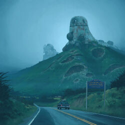 car crater dilapidated fog grass highres hill kayak motor_vehicle official_art road road_sign sign simon_stalenhag the_electric_state