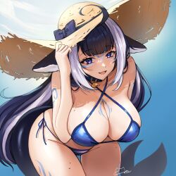 1girl bent_over bikini black_hair blue_bikini blue_collar body_markings cetacean_tail collar criss-cross_halter facial_mark fins fish_tail gradient_background halterneck hand_on_headwear hat highres indie_virtual_youtuber long_hair looking_at_viewer meowyin multicolored_hair open_mouth orca_girl purple_eyes shylily shylily_(bikini) solo streaked_hair swimsuit tail virtual_youtuber white_hair