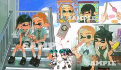 Rule 34 | 1boy, 1girl, black hair, black shoes, black shorts, black skirt, bow, bowtie, chibi, chibi inset, collared shirt, commentary, earphones, eyebrow cut, food, green bow, green bowtie, green eyes, green shirt, highres, holding, holding food, holding phone, holding popsicle, inkling, inkling boy, inkling girl, inkling player character, loafers, long hair, medium hair, miko (15476997), mole, mole under eye, multiple views, nintendo, orange hair, parted bangs, phone, pink bow, pink bowtie, pink eyes, pointy ears, ponytail, popsicle, sample watermark, school uniform, shared earphones, shirt, shoes, shorts, skirt, socks, splatoon (series), striped bow, striped bowtie, striped clothes, symbol-only commentary, tentacle hair, watermark, white shirt, white socks