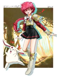 1girl ^_^ armor armored_dress black_skirt boots braid breastplate chest_guard closed_eyes creature dress drop_shadow forehead_jewel full_body hair_between_eyes highres knee_boots magic_knight_rayearth mokona musical_note open_mouth pale_skin red_hair red_sleeves school_uniform shidou_hikaru single_braid single_shoulder_pad skirt smile solo spiked_hair tansu-gk7