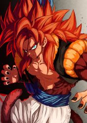 1boy abs bare_pectorals blue_eyes body_fur brown_fur dragon_ball dragon_ball_gt fusion fusion_dance gogeta highres looking_at_viewer male_focus metamoran_vest monkey_boy monkey_tail muscular muscular_male no_nipples obi pants pectorals red_hair relio_db318 sash smile solo spiked_hair super_saiyan super_saiyan_4 tail white_pants