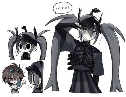 Rule 34 | ..., 2girls, :o, alternate costume, alternate hair color, belt, black bodysuit, blush stickers, bodysuit, brown hair, cellphone, chibi, closed mouth, eyewear on head, grey eyes, grey shirt, hair between eyes, hand up, hatsune miku, highres, long hair, meiko (vocaloid), multiple girls, multiple views, off-shoulder shirt, off shoulder, open mouth, orange eyes, phone, shaded face, shirt, shirt tucked in, short hair, simple background, skirt, smartphone, solid oval eyes, speech bubble, sunglasses, sweatdrop, taking picture, thought bubble, translation request, twintails, v, v over eye, visor cap, vocaloid, wawasuke, white background