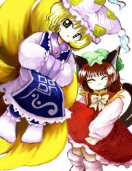 Rule 34 | 2girls, ^ ^, animal ear piercing, animal ears, animal hat, blonde hair, blue tabard, blush stickers, bow, bowtie, brown hair, cat ears, cat tail, chen, closed eyes, closed mouth, commentary, dress, fox tail, frilled headwear, frilled socks, frills, green headwear, hands in opposite sleeves, hat, highres, long dress, long sleeves, looking at viewer, medium hair, mob cap, multiple girls, multiple tails, open mouth, purple dress, purple headwear, red dress, rusuban (yakumora n), smile, socks, tabard, tail, touhou, two tails, white background, yakumo ran, yellow eyes, zun (style)
