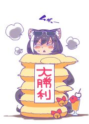 1girl :&lt; animal_ear_fluff animal_ears bell black_hair blush cat_ears cat_girl commentary_request crazy_straw drinking_straw eyewear_on_head flower full_body grey-framed_eyewear heart_straw hibiscus ito_ryo jingle_bell juice karyl_(princess_connect!) karyl_(summer)_(princess_connect!) long_hair multicolored_hair orange_juice princess_connect! red_flower simple_background solo streaked_hair sunglasses tearing_up translation_request trapped triangle_mouth v-shaped_eyebrows very_long_hair white_background white_hair yellow_innertube