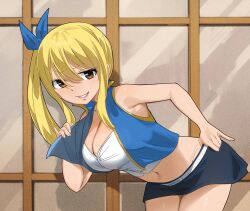 Rule 34 | 1girl, black jacket, black skirt, blonde hair, blue ribbon, body switch, brandish mew, breasts, brown eyes, cleavage, colorized, crop top, fairy tail, gaston18, hair between eyes, hair ribbon, highres, jacket, large breasts, lips, long hair, looking at viewer, lucy heartfilia, mashima hiro, miniskirt, navel, personality switch, ribbon, shirt, side ponytail, sidelocks, skirt, sleeveless, sleeveless jacket, sleeveless shirt, smile, stomach, teeth, thighs
