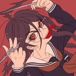 1girl :d arm_up black_shirt breasts brown_hair collarbone danganronpa_(series) danganronpa_another_episode:_ultra_despair_girls double-parted_bangs fingernails flat_color fukawa_toko genocider_shou glasses hair_between_eyes hair_ornament hand_up holding holding_scissors neckerchief official_alternate_hairstyle open_mouth puffy_nipples red_background red_eyes red_neckerchief round_eyewear sailor_collar school_uniform scissors shirt simple_background small_breasts smile solo suika_no9 teeth tongue tongue_out upper_body upper_teeth_only v-shaped_eyebrows w white_sailor_collar