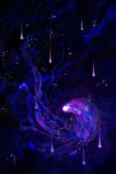 1other alivewake black_background blue_theme commentary elden_ring elden_ring_nightreign english_commentary glowing glowing_eyes highres jellyfish maris_(elden_ring) monster monster_focus solo sparkle tentacles translucent