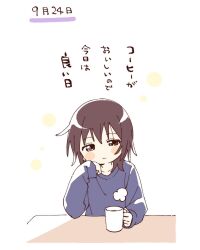1girl blue_shirt blush_stickers brown_eyes brown_hair closed_mouth collarbone commentary_request cup funami_yui head_rest highres holding holding_cup long_sleeves namori shirt short_hair simple_background smile solo translation_request upper_body white_background yuruyuri