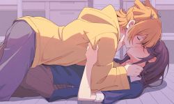 2girls blonde_hair blue_shirt blush couple daiba_nana closed_eyes highres hoshimi_junna kiss lying multiple_girls on_ground purple_hair sawara65 shirt short_hair shoujo_kageki_revue_starlight yuri