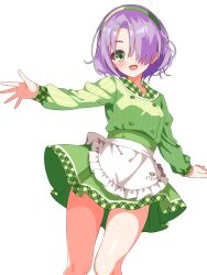 1girl :d apron blush buttons cafe_stella_to_shinigami_no_chou commentary_request double-breasted feet_out_of_frame frilled_apron frills green_eyes green_hairband green_shirt green_skirt hair_ornament hair_over_one_eye hairband hairclip happy highres hiuchidani_mei long_bangs long_sleeves looking_at_viewer official_alternate_costume one_eye_covered open_mouth outstretched_arms outstretched_hand parallel_hairclips plaid_clothes plaid_collar plaid_skirt purple_hair shirt short_hair simple_background skirt smile solo standing striped_clothes striped_shirt vertical-striped_clothes vertical-striped_shirt waist_apron waitress white_apron white_background yokoshima_akunusu
