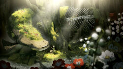 1boy animal animal_focus arm_at_side backpack bag blue_flower blurry blurry_foreground coat commentary_request dappled_sunlight dark-skinned_male dark_skin depth_of_field fish fish_skeleton flower forest from_side grass green_coat highres jimini_shijimi light_rays looking_at_animal nature original outstretched_hand oversized_animal plant raincoat red_flower scenery shadow short_hair solo standing stream sunbeam sunlight tree very_wide_shot water white-haired_man_(jimini_shijimi) white_flower white_hair