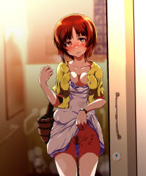 1girl after_vaginal aftersex backlighting basket blush body_markings body_writing breasts brown_eyes brown_hair cleavage clothes_lift collarbone commentary_request dress dress_lift empty_eyes fluid_on_breasts girls_und_panzer halter_dress halterneck highres holding holding_basket holding_picnic_basket implied_sex jacket kabutowari looking_at_viewer nishizumi_miho no_bra no_panties open_door open_mouth picnic_basket pubic_hair public_restroom pussy_juice shirt short_dress short_hair short_sleeves sliding_doors solo spaghetti_strap strap_slip sundress sweat sweatdrop tally textless_version toilet watch white_dress wristwatch yellow_jacket yellow_shirt