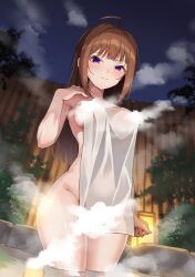 1girl ahoge bamboo_fence blunt_bangs blush breasts brown_hair commentary_request convenient_censoring covering_privates fence groin highres idolmaster idolmaster_million_live! kamille_(vcx68) lantern light_smile long_hair looking_at_viewer medium_breasts night night_sky nude_cover onsen paid_reward_available purple_eyes sideboob sky solo steam steam_censor straight_hair very_long_hair wading yokoyama_nao