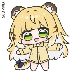 1girl aa7_(paa7) alternate_costume animal_ear_fluff animal_ears barefoot blonde_hair chibi colored_inner_hair full_body green_eyes ju_fufu long_hair looking_at_viewer multicolored_hair open_mouth pajamas simple_background smile solo tail tiger_ears tiger_girl tiger_tail white_background zenless_zone_zero