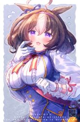 1girl :3 @_@ ahoge animal_ears bag bell between_breasts between_legs black_bag blue_skirt blue_vest blush breasts brown_hair collared_shirt commentary_request cowbell cowboy_shot cropped double-parted_bangs gloves hair_between_eyes horse_ears horse_girl horse_tail ittokyu large_breasts medium_hair meisho_doto_(umamusume) multicolored_hair open_mouth petticoat purple_eyes qr_code shirt shoulder_bag signature skirt solo strap_between_breasts sweat tail two-tone_hair umamusume vest white_gloves white_hair white_shirt