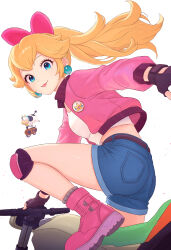 1girl absurdres ass belt blonde_hair blue_eyes blue_shorts boots bow breasts closed_mouth commentary cow crop_top cropped_jacket denim denim_shorts earrings english_commentary fingerless_gloves floating_hair gloves hair_bow highres jacket jewelry knee_pads lipstick long_hair long_sleeves looking_at_viewer makeup mario_(series) mario_kart mario_kart_world midriff moo_moo_(mario) motor_vehicle motorcycle nintendo on_motorcycle open_clothes open_jacket pink_boots pink_bow pink_jacket pink_lips ponytail princess_peach princess_peach_(touring) rally_bike_(mario_kart_world) ribbon shirt short_shorts shorts shorts_rolled_up simple_background small_breasts smile solo sphere_earrings thighs truejekart white_background white_shirt