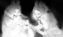 5boys animal_ears aotsuki_eito chinese_commentary clone drawstring glasses greyscale grin hand_on_another&#039;s_face highres hood hoodie jacket knife looking_at_another male_focus monochrome multicolored_hair multiple_boys mzmindream rabbit_boy rabbit_ears short_hair sketch smile spoilers stab streaked_hair sumino_takumi the_hundred_line_-last_defense_academy- wide-eyed