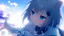 Rule 34 | 1girl, amashiro natsuki, animal ear fluff, animal ears, bandaid, bandaid on cheek, bandaid on face, black shirt, blue eyes, blue sky, blurry, blurry background, capelet, cat ears, cellphone, character name, cloud, commentary request, day, depth of field, floating hair, grey hair, hair between eyes, hair ornament, highres, holding, holding phone, hood, hood down, hooded capelet, indie virtual youtuber, long hair, nachoneko, outdoors, parted lips, phone, shirt, sky, solo, translation request, very long hair, virtual youtuber, white capelet