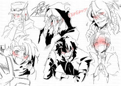 ^_^ absurdres blush braid character_request closed_eyes covering_face curse_maker curse_maker_1 etrian_odyssey fang fingerless_gloves flat_cap flying_sweatdrops gloves goggles goggles_on_headwear hair_between_eyes hat hat_feather highres hood hood_up hooded_robe jacket long_sleeves nervous_smile nikki_kyousuke nose_blush parted_bangs ranger_(sekaiju) ranger_1_(sekaiju) robe scar scar_on_face scar_on_nose scratching_cheek short_eyebrows signature simple_background smile sweat thick_eyebrows translation_request watermark white_background