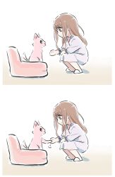 1girl bang_dream! bang_dream!_it&#039;s_mygo!!!!! blue_eyes brown_hair commentary dog dress highres long_hair long_sleeves lyy nagasaki_soyo pajamas sidelocks squatting white_dress