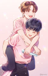 2boys brown_eyes brown_hair carrying earpiece eno_bw jewelry k-pop male_focus mole multiple_boys open_mouth piggyback pink_background pink_shirt real_life ring seungkwan seventeen_(group) shirt shoes short_hair smile sparkle t-shirt teeth upper_teeth_only vernon_(seventeen)