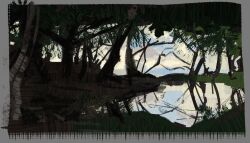 Rule 34 | art study, border, cloud, cloudy sky, commentary, day, english commentary, forest, grey border, highres, jay0ni, landscape, nature, no humans, original, outdoors, painterly, reflection, reflective water, river, scenery, sky
