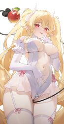 1girl absurdres apostle_(dungeon_and_fighter) ashtarte_(dungeon_and_fighter) bare_shoulders battle_mage_(dungeon_and_fighter) between_legs blonde_hair breasts breasts_apart choker chukibabo2 closed_mouth commentary_request commission covered_navel cowboy_shot crotch_zipper demon_horns demon_tail dungeon_and_fighter elbow_gloves female_mage_(dungeon_and_fighter) finger_to_tongue frilled_choker frilled_gloves frilled_leotard frills garter_straps glint gloves hand_on_own_stomach hand_up highleg highleg_leotard highres horns korean_commentary large_breasts leotard long_hair looking_at_viewer naughty_face pointy_ears red_eyes second-party_source see-through_clothes see-through_leotard sidelocks simple_background skindentation smile solo standing tail tail_between_legs thighhighs thighs tongue tongue_out twintails very_long_hair white_background white_gloves white_leotard white_thighhighs zipper_pull_tab