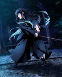 1boy aqua_eyes aqua_hair black_hair black_hakama black_jacket black_socks bokken buttons commentary_request demon_slayer_uniform fighting_stance full_body hakama hakama_pants hana_ni_nare highres holding holding_sword holding_weapon jacket japanese_clothes kimetsu_no_yaiba long_hair looking_to_the_side male_focus multicolored_hair open_mouth outdoors pants sandals signature socks solo sword tabi tokitou_muichirou tree weapon wooden_sword zouri