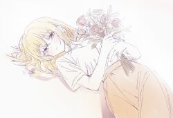 1girl bang_dream! bang_dream!_it&#039;s_mygo!!!!! biting_own_lip blonde_hair bouquet brown_eyes brown_skirt chinese_commentary closed_mouth commentary_request flower frown gugufinn306 hair_spread_out hands_up highres holding holding_bouquet looking_at_viewer lying medium_hair misumi_uika on_back pencil_skirt red_flower red_rose rose sepia shadow shirt shirt_tucked_in simple_background skirt solo t-shirt tears two-handed white_shirt