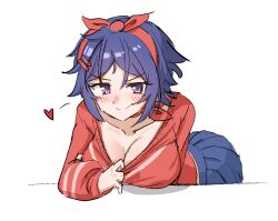 1girl blue_eyes blue_hair breasts choker cleavage collarbone fourteen_714 miside mita_(miside) pleated_skirt red_choker red_shirt red_sweater shirt short_hair simple_background skirt solo sweater white_background