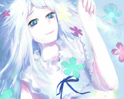 Rule 34 | 1girl, absurdres, ano hi mita hana no namae wo bokutachi wa mada shiranai., bad bcy id, bad id, blue background, blue eyes, blue flower, blue ribbon, chinese commentary, closed mouth, commentary request, dress, fingernails, flower, frilled dress, frills, green flower, hair flower, hair ornament, hair spread out, hand up, highres, honma meiko, light particles, lips, long hair, looking at viewer, lying, lying on water, on back, pink lips, pink nails, red flower, ribbon, sleeveless, sleeveless dress, smile, solo, upper body, white dress, white hair, yellow flower, zongzili de daomihua