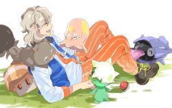 1boy :d arven_(pokemon) blue_vest boots brown_hair capsakid closed_eyes eyelashes gen_1_pokemon gen_8_pokemon grass happy highres inbagzlzl light_blush long_hair male_focus nacli necktie nintendo open_clothes open_mouth open_vest orange_necktie orange_pants pants poke_ball poke_ball_(basic) pokemon pokemon_(creature) pokemon_sv school_uniform shellder shirt skwovet smile teeth toedscool vest white_shirt