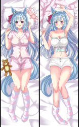 1girl absurdres alternate_costume animal_ears arm_up armpits blush braid breast_pocket breasts cleavage commentary_request crown_braid dakimakura_(medium) full_body hanamura_pink highres horse_ears horse_girl horse_tail large_breasts long_hair looking_at_viewer lying mejiro_ardan_(umamusume) multiple_views navel on_back open_mouth pajamas pill pillow pink_shirt pocket shirt short_sleeves shorts sleepwear smile socks stomach striped_clothes striped_socks tail umamusume very_long_hair white_shorts