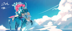 1girl alternate_costume aqua_eyes aqua_hair aqua_necktie aqua_ribbon arm_tattoo bare_shoulders blue_sky chair character_name closed_mouth cloud cloudy_sky collared_dress dress expressionless flower frills hair_flower hair_ornament hatsune_miku head_rest highres imoudosuki long_dress long_hair looking_at_viewer necktie number_tattoo ribbon sky solo tattoo twintails very_long_hair vocaloid water white_dress white_flower wing_collar wrist_cuffs