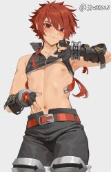 1boy artist_name belt bishounen black_gloves black_pants black_vest blush clothes_lift commentary cowboy_shot elsword elsword_(character) fingerless_gloves g1_(jjw00123) gloves hand_on_own_stomach highres lifting_own_clothes long_hair looking_at_viewer male_focus navel nipples paid_reward_available pants ponytail red_eyes red_hair shirt_lift simple_background sleeveless_vest smile solo standing twitter_username vest white_background
