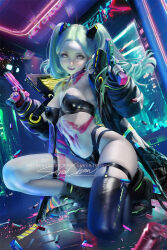 1girl adapted_costume aqua_eyes aqua_hair artist_name bikini black_bikini body_markings boots breasts bullet cyberpunk_(series) cyberpunk_edgerunners fingerless_gloves full_body garter_straps gloves gun holding holding_weapon jacket latex medium_breasts nails neon_lights on_one_knee pale_skin realistic sakimichan signature smile swimsuit thighhighs twintails weapon window