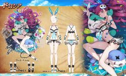1girl animal_ears bikini camera chain character_name reference_sheet commentary_request cuffs dorothea_(ta_ga_tame_no_alchemist) drill_hair fake_animal_ears from_behind full_body hair_ornament lying official_art one_eye_closed purple_hair sandals second-party_source shackles silk skull_hair_ornament solo_focus spider_web standing straight-on stuffed_animal stuffed_toy swimsuit ta_ga_tame_no_alchemist twin_drills white_bikini