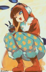 1girl absurdres animal_ear_hairband animal_ears black_gloves blue_eyes blue_revolver blue_sclera blunt_bangs boots brush_stroke colored_sclera commentary english_commentary fake_animal_ears floating_headgear full_body fur-trimmed_boots fur-trimmed_jacket fur_trim gloves hairband headgear highres hime_cut holding jacket long_hair looking_at_viewer mae_(blue_revolver) official_art one_eye_closed open_mouth painterly pantyhose print_pantyhose rabbit_ear_hairband rabbit_ears red_boots red_hair sketch snowman_print solo squatting thick_thighs thighs twitter_username v very_long_hair woofycakes