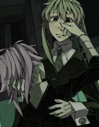 1girl 1other androgynous blonde_hair commentary crona_(soul_eater) cuff_links empty_eyes english_commentary film_grain gloves green_necktie hair_between_eyes hand_in_another&#039;s_hair hand_on_another&#039;s_back hand_on_another&#039;s_face highres kaligraphy lips maka_albarn necktie pink_hair short_twintails sleeve_cuffs soul_eater striped_necktie tearing_up tears twintails white_gloves wiping_tears