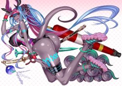 1girl aqua_nails ass black_horns body_markings breasts colored_skin colored_tongue dark-skinned_female dark_skin dragon_girl fate/grand_order fate_(series) full_body grey_skin highres honjou_raita horns huge_ass huge_breasts ibuki_douji_(fate) ibuki_douji_(swimsuit_berserker)_(fate) ibuki_douji_(swimsuit_berserker)_(first_ascension)_(fate) long_hair looking_back looking_to_the_side multicolored_horns multiple_horns nail_polish oil-paper_umbrella oni pink_horns pointy_ears purple_tongue shiny_skin shoes smile sneakers tail textless_version tongue tongue_out umbrella very_long_hair wet