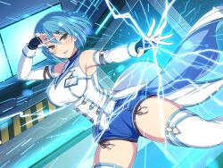 1girl armpits bare_shoulders blue_hair blue_shorts blush bob_cut breasts coattails commentary cosplay crossover dead_or_alive dead_or_alive_6 detached_sleeves electricity electrokinesis english_commentary fingerless_gloves glasses gloves gluteal_fold green_eyes hair_between_eyes hair_ornament hairclip hazard_stripes imu_(senran_kagura) indoors jewelry large_breasts long_coat looking_at_viewer name_tag nico_(doa) nico_(doa)_(cosplay) official_art open_mouth rimless_eyewear ring senran_kagura senran_kagura_new_link senran_kagura_shinovi_versus shiny_skin shirt short_hair shorts smile solo thighhighs white_shirt white_sleeves white_thighhighs yaegashi_nan